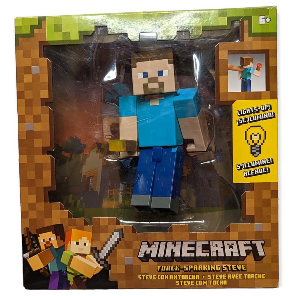 RARE NWT 2017 Mattel Minecraft Torch Sparking Steve Light Up Action Figure Toy